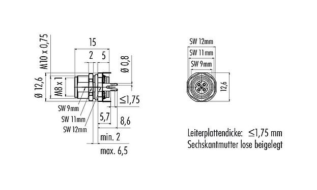 Maßzeichnung M8 Flanschdose, Polzahl: 4, schirmbar, THT, IP67, M8x1,0, Rückwandmontage, vergossen