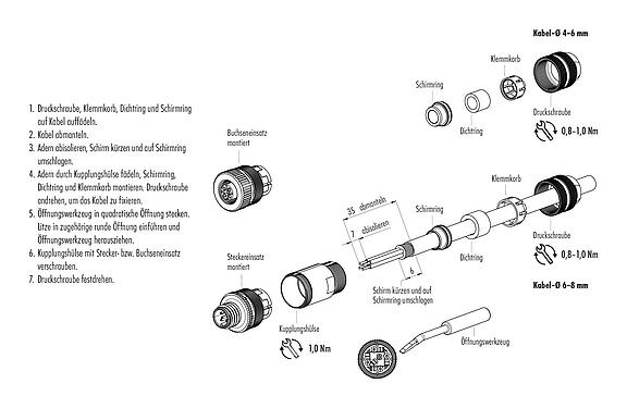 Montageanleitung M12 Kabelstecker, Polzahl: 4, 4,0-6,0 mm, schirmbar, Käfigzugfeder, IP67, mit Schirmring
