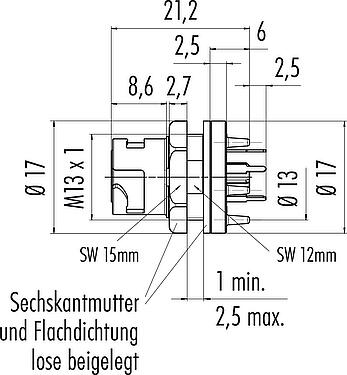 Maßzeichnung Bajonett Flanschdose, Polzahl: 5, ungeschirmt, THT, IP54 ungesteckt, M13x1,0, Rückwandmontage