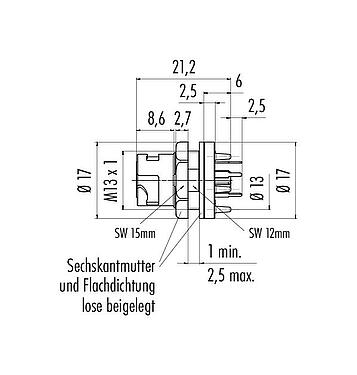 Maßzeichnung Bajonett Flanschdose, Polzahl: 5, ungeschirmt, THT, IP54 ungesteckt, M13x1,0, Rückwandmontage