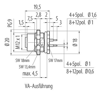 Maßzeichnung M12 Flanschdose, Polzahl: 5, ungeschirmt, THT, IP68, UL 2238, PG 9, Rückwandmontage, Edelstahl