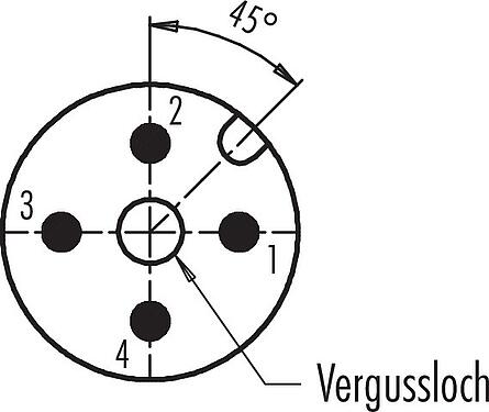 Polbild (Steckseite) M12 Einbaustecker, Polzahl: 4, ungeschirmt, löten, IP67, Frontmontage