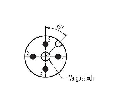 Polbild (Steckseite) M12 Einbaustecker, Polzahl: 4, ungeschirmt, THT, IP67, Frontmontage
