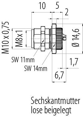 Maßzeichnung M8 Flanschdose, Polzahl: 4, löten, IP67/IP69K, M10x0,75, Rückwandmontage, mit Lötkelchen