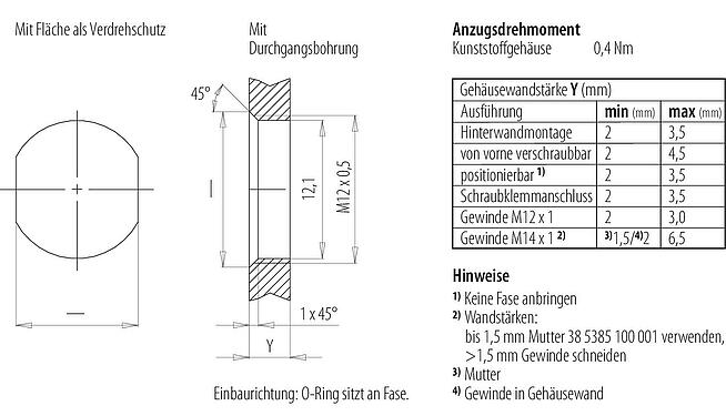 Montageanleitung / Montageausschnitt M12 Flanschstecker, Polzahl: 4, ungeschirmt, löten, IP67, M12x0,5, Frontmontage
