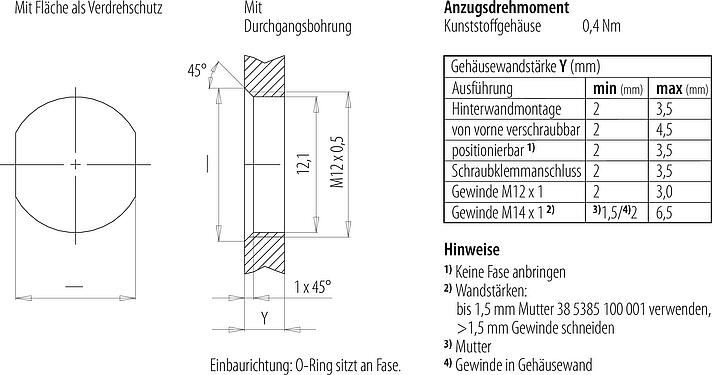 Montageanleitung / Montageausschnitt M12 Flanschstecker, Polzahl: 4, ungeschirmt, löten, IP67, M12x0,5, Frontmontage