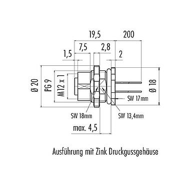 Maßzeichnung M12 Flanschdose, Polzahl: 4, ungeschirmt, Litzen, IP68, UL 2238, PG 9, Rückwandmontage