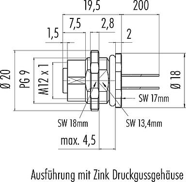 Maßzeichnung M12 Flanschdose, Polzahl: 5, ungeschirmt, Litzen, IP68, UL 2238, PG 9, Rückwandmontage