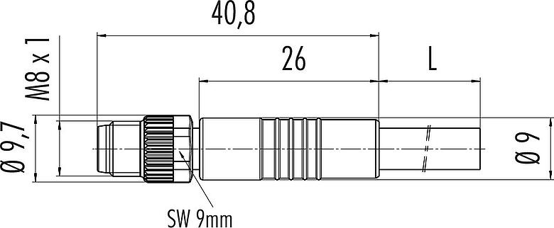 Mittakaavapiirustus M8 Kaapelipistoke, Napojen määrä: 3, suojaamaton, suihkutettu kaapelille, IP67/IP69K, UL 2238, PVC, harmaa, 3 x 0,34 mm², 2 m