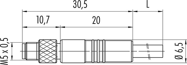 Scale drawing M5 Male cable connector, Contacts: 4, shielded, moulded on the cable, IP67, UL 2238, M5x0.5, PUR, black, 4 x 0.14 mm², 2 m