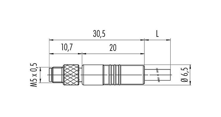 Scale drawing 77 3559 0000 40004-0200 - M5 Male cable connector, Contacts: 4, shielded, moulded on the cable, IP67, UL, M5x0.5, PUR, black, 4 x 0.14 mm², 2 m