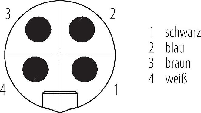 Polbild (Steckseite) 7/8" Kabelstecker, Polzahl: 4, ungeschirmt, am Kabel angespritzt, IP68, UL 2238, PUR, schwarz, 4 x 1,50 mm², 5 m