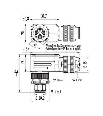 Maßzeichnung M12 Winkelstecker, Polzahl: 4, 4,0-6,0 mm, schirmbar, schraubklemm, IP67, UL 2238, mit Schirmring