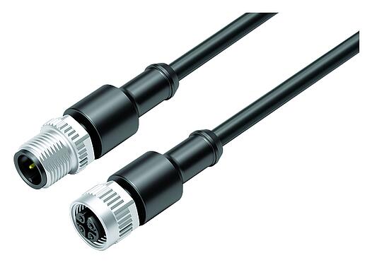 Illustration M12 Connecting cable male cable connector - female cable connector, Contacts: 3, unshielded, moulded on the cable, IP67/IP69K, UL 2238, PUR, black, 3 x 0.34 mm², 1 m