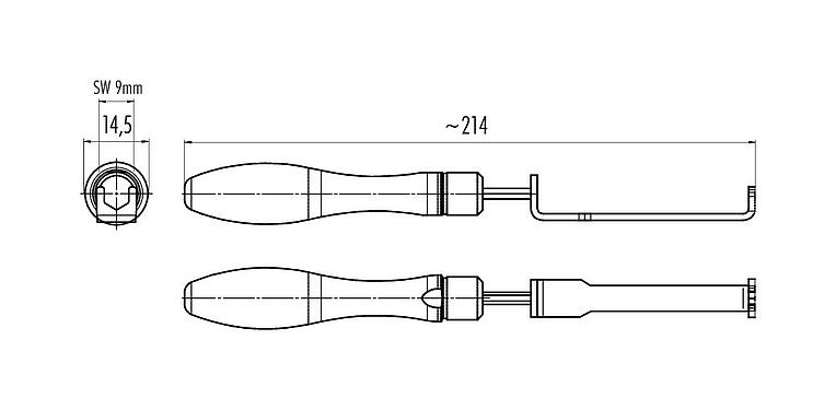 Масштабный чертеж 07 0085 000 - М8 - монтажный ключ для стопорного кольца М8 с ограничением по крутящему моменту 0,4 Нм, SW 9 мм; серия 718/768