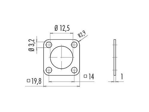 Desenho da escala 16 0959 000 - M12-A/B/D/K/K/L/S/T/US/X - vedação para plugue de flange quadrado, metálico; série 713/715/763/766/813/814/815/825/866/876