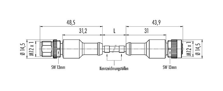 Maßzeichnung M12 Verbindungsleitung Kabelstecker - Kabeldose, Polzahl: 3, ungeschirmt, am Kabel angespritzt, IP67/IP69K, UL 2238, PUR, schwarz, 3 x 0,34 mm², 1 m
