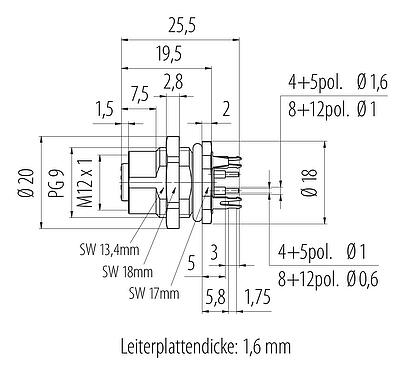 Maßzeichnung M12 Flanschdose, Polzahl: 8, schirmbar, THT, IP68, UL 2238, PG 9, Rückwandmontage