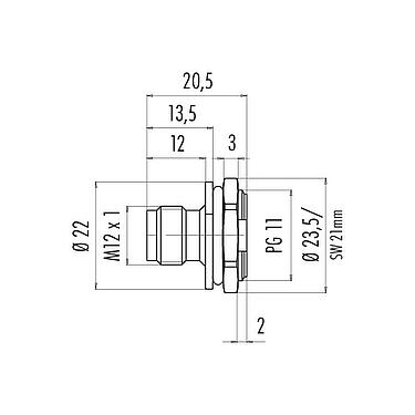 Dibujo a escala M12 Enchufe de brida, Número de contactos: 4, sin blindaje, soldadura, IP67, PG 11, Montaje frontal
