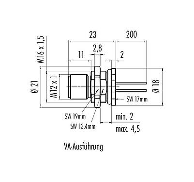 Maßzeichnung M12 Flanschstecker, Polzahl: 4, ungeschirmt, Litzen, IP68, UL 2238, M16x1,5, Rückwandmontage, Edelstahl, vergossen
