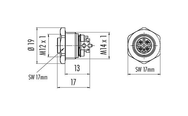 Dibujo a escala M12 Toma de brida, Número de contactos: 4, blindable, SMT, IP67, M14x1,0, Montaje frontal