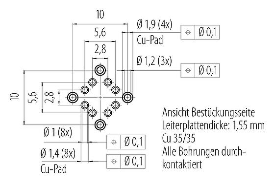 Leiterplattenlayout M16 Flanschdose, Polzahl: 8, schirmbar, THR, IP67, M18x0,75, Rückwandmontage