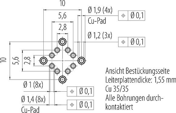 Leiterplattenlayout M16 Flanschdose, Polzahl: 8, schirmbar, THR, IP67, M18x0,75, Rückwandmontage