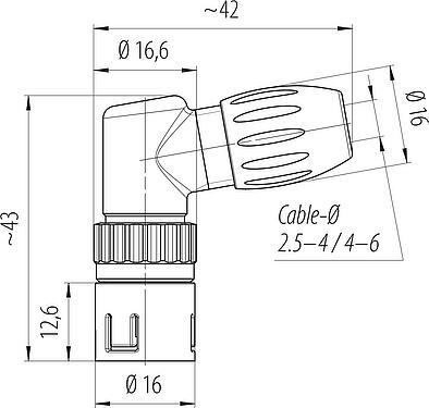 Scale drawing Snap-In Male angled connector, Contacts: 8, 2.5-4.0 mm, unshielded, solder, IP67