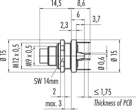 Scale drawing M9 Male panel mount connector, Contacts: 3, shieldable, THT, IP67, M12x0.5, Rear mounting, potted