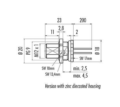 Schaaltekening M12 Male panel mount connector, aantal polen: 5, onafgeschermd, draden, IP68, UL 2238, PG 9, Achterwandmontage