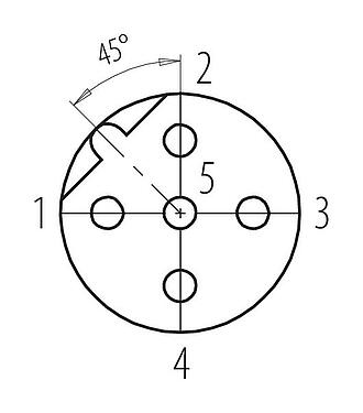 Polbild (Steckseite) M12 Winkeldose, Polzahl: 5, 6,0-8,0 mm, schirmbar, schraubklemm, IP67, UL 2238