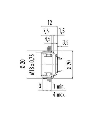 Maßzeichnung M16 Flanschdose, Polzahl: 24, ungeschirmt, löten, IP67, UL 2238, M18x0,75, Rückwandmontage