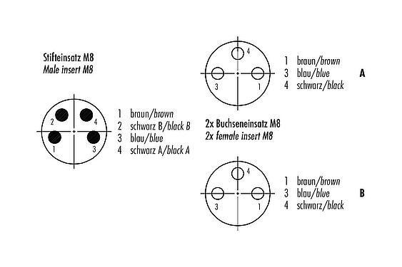 Расположение контактов (вставная сторона) M8 Кабельный разветвитель разъем - 2 кабельная розетка, Количество полюсов: 4/3, не экранированный, формовка на кабеле, IP67, UL 2238, PUR, черный, 3 x 0,34 мм², 0,3 м