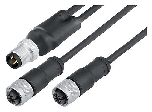 Illustration M12 Male cable splitter - 2 female cable connectors, Contacts: 4/3, shielded, moulded on the cable, IP68, PUR, black, 3 x 0.34 mm², 2 m