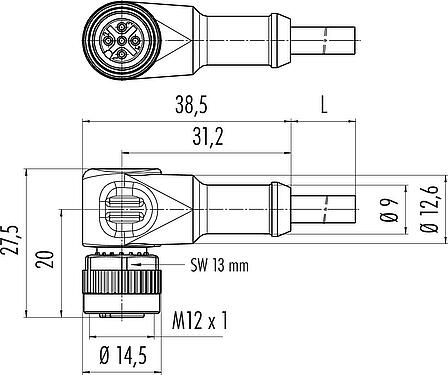 Desenho da escala M12 Tomada angular, Contatos: 4, desprotegido, moldado no cabo, IP68/IP69K, UL 2238, PUR, preto, 4 x 0,34 mm², 2 m