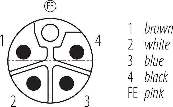 Disposition des contacts (Côté plug-in) M12 Connecteur mâle - connecteur d‘angle femelle, Contacts: 4+FE, non blindé, surmoulé sur le câble, IP68, UL 2238, PUR, noir, 5 x 1,50 mm², 5 m