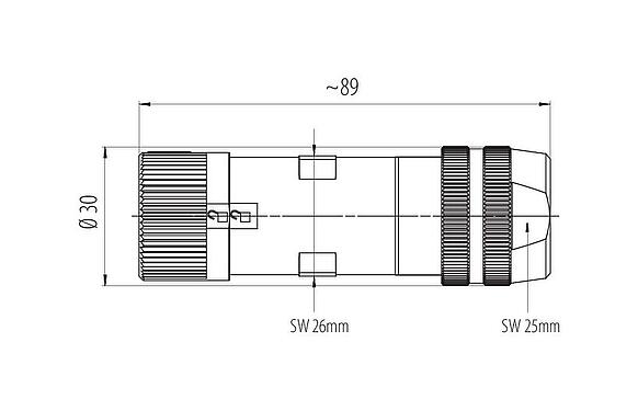 Dessin coté Baïonnette Connecteur femelle, Contacts: 6 (3+PE+2), 7,0-14,0 mm, blindable, pince à visser, IP67 enfiché et verrouillé, UL 2237