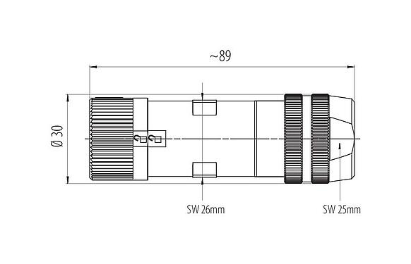 Dibujo a escala 99 6156 000 06 - Bayoneta Conector de cable hembra, Número de contactos: 6 (3+PE+2), 7,0-14,0 mm, blindable, tornillo extraíble, IP67 enchufado y bloqueado