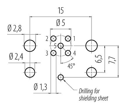 Layout dos condutores M12 Bujão flangeado, Contatos: 5, blindável, THR, IP67, UL 2238, M12x1,0, Montagem no painel traseiro