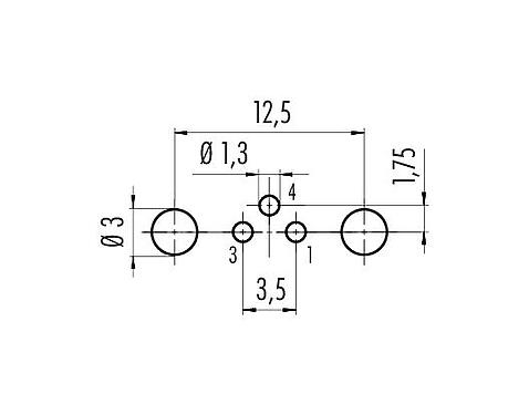 Conductor layout 09 3418 81 03 - M8 Female panel mount connector, Contacts: 3, shieldable, THT, IP67, M10x0.75, front fastened