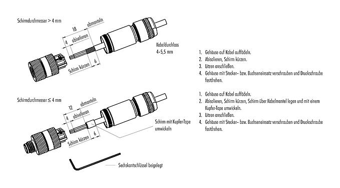 Montageanleitung 99 3363 100 04 - M8 Kabelstecker, Polzahl: 4, 4,0-5,5 mm, schirmbar, schraubklemm, IP67, UL