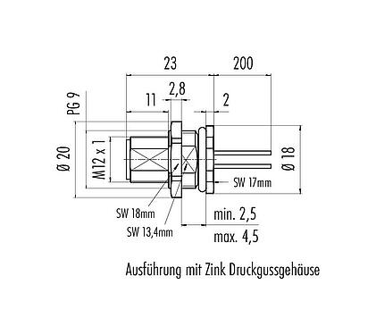Maßzeichnung M12 Flanschstecker, Polzahl: 4, ungeschirmt, Litzen, IP68, UL 2238, PG 9, Rückwandmontage