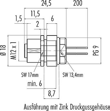 Maßzeichnung M12 Flanschdose, Polzahl: 12, ungeschirmt, Litzen, IP68/IP69K, UL 2238, PG 9, Frontmontage, Kodierungsausrichtung positionierbar, vergossen