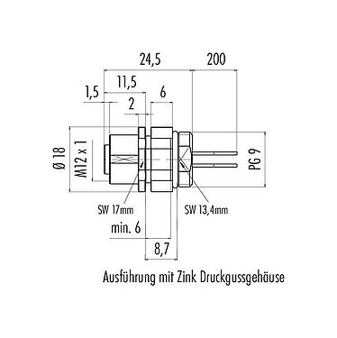 Maßzeichnung M12 Flanschdose, Polzahl: 4, ungeschirmt, Litzen, IP68, UL 2238, PG 9, Frontmontage