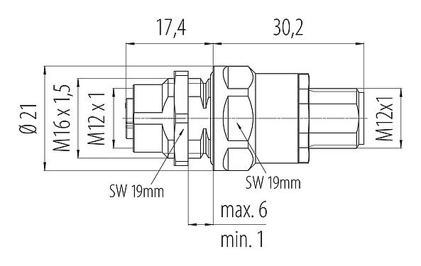 Dibujo a escala M12 Casquillo del armario de distribución, Número de contactos: 4+PE, blindado, enchufable, IP67, UL 2238, M12x1,0, Montaje en pared