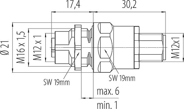 Maßzeichnung M12 Schaltschrankdurchführung, Polzahl: 4+PE, geschirmt, steckbar, IP67, UL 2238, M12x1,0, Rückwandmontage