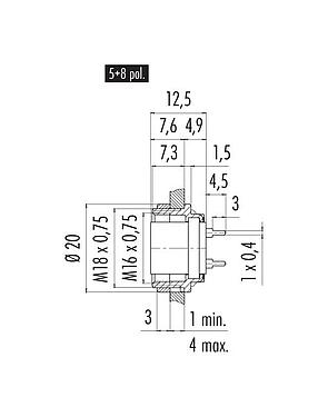 Scale drawing 09 0316 99 05 - M16 Female panel mount connector, Contacts: 5 (05-a), unshielded, THT, IP40, front fastened