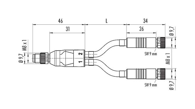 Maßzeichnung M8 Kabelsplitter Kabelstecker - 2 Kabeldosen, Polzahl: 4/3, ungeschirmt, am Kabel angespritzt, IP67, UL 2238, PUR, schwarz, 3 x 0,34 mm², 0,6 m
