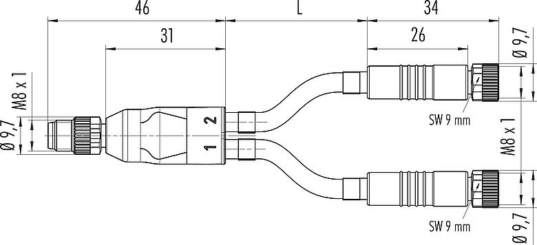 Maßzeichnung M8 Kabelsplitter Kabelstecker - 2 Kabeldosen, Polzahl: 4/3, ungeschirmt, am Kabel angespritzt, IP67, UL 2238, PUR, schwarz, 3 x 0,34 mm², 0,6 m