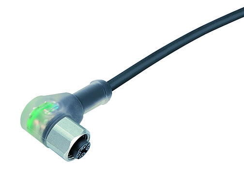 Abbildung 77 3834 0000 50003-0200 - M12 Winkeldose, Polzahl: 3, ungeschirmt, am Kabel angespritzt, IP69K, UL, PUR, schwarz, 3 x 0,34 mm², mit LED PNP, Edelstahl, 2 m